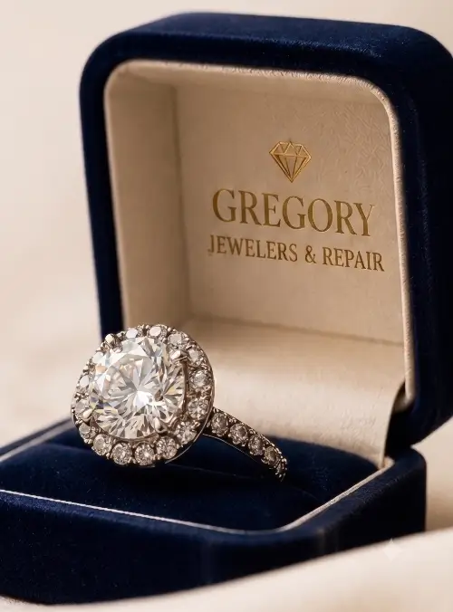 Diamond engagement ring in a Gregory Jewelers & Repair presentation box